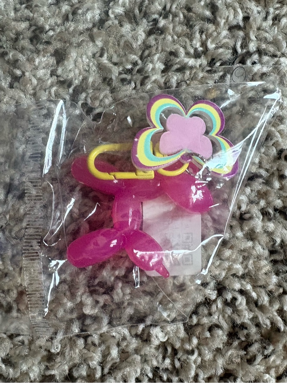 Pink Balloon Dog Keychain with Rainbow Flower Charm